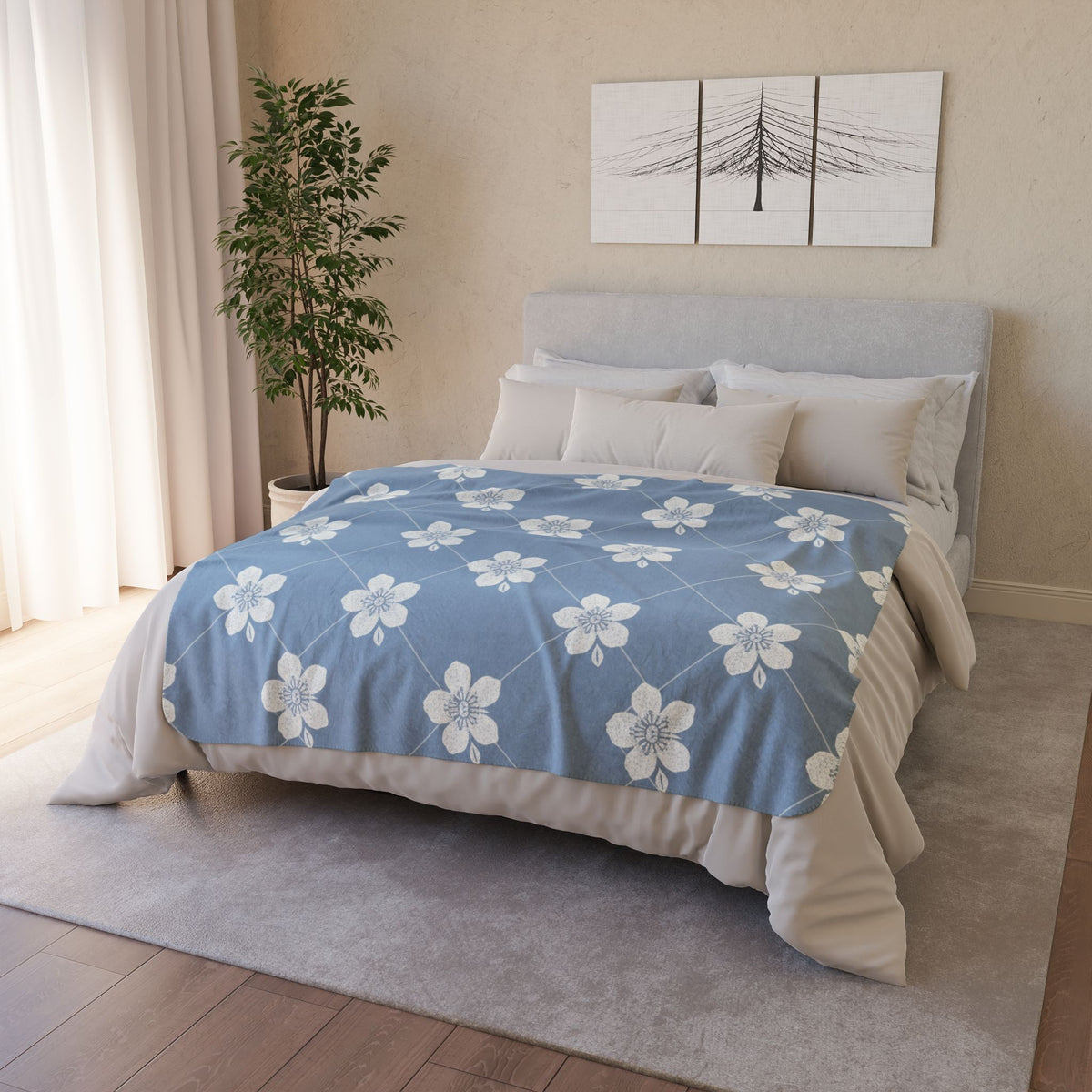 Powder Blue☁️ Floral Fleece Sherpa Blanket Throw