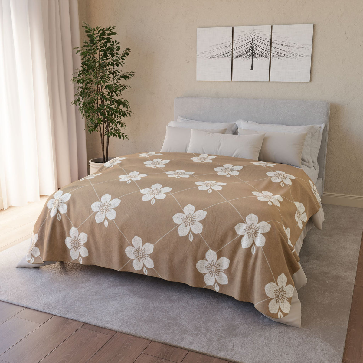 Warm Beige 🟤 Floral Fleece Sherpa Blanket Throw