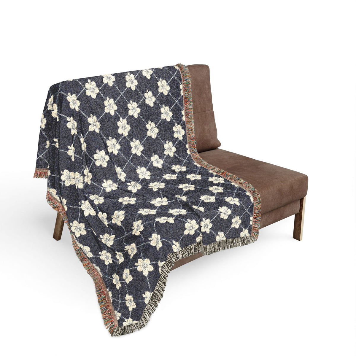Floral Woven Blanket — Navy Blue 🌊 Throw