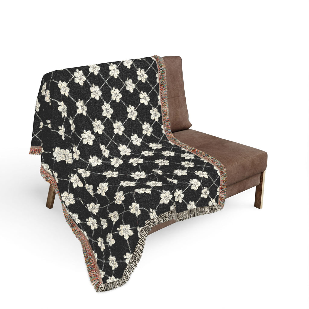 Floral Woven Blanket — Black & White (Dark) 🖤 Throw