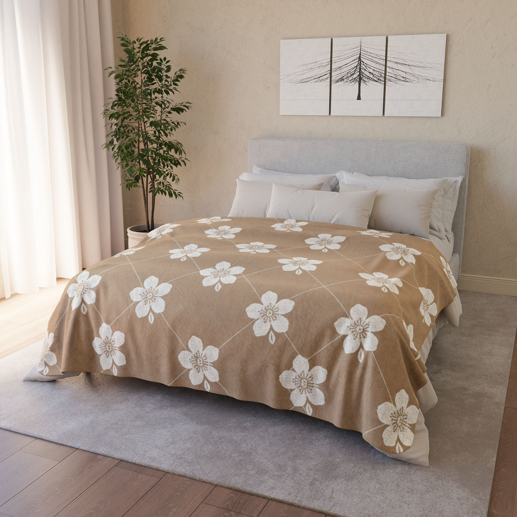 Warm Beige 🟤 Floral Fleece Sherpa Blanket Throw