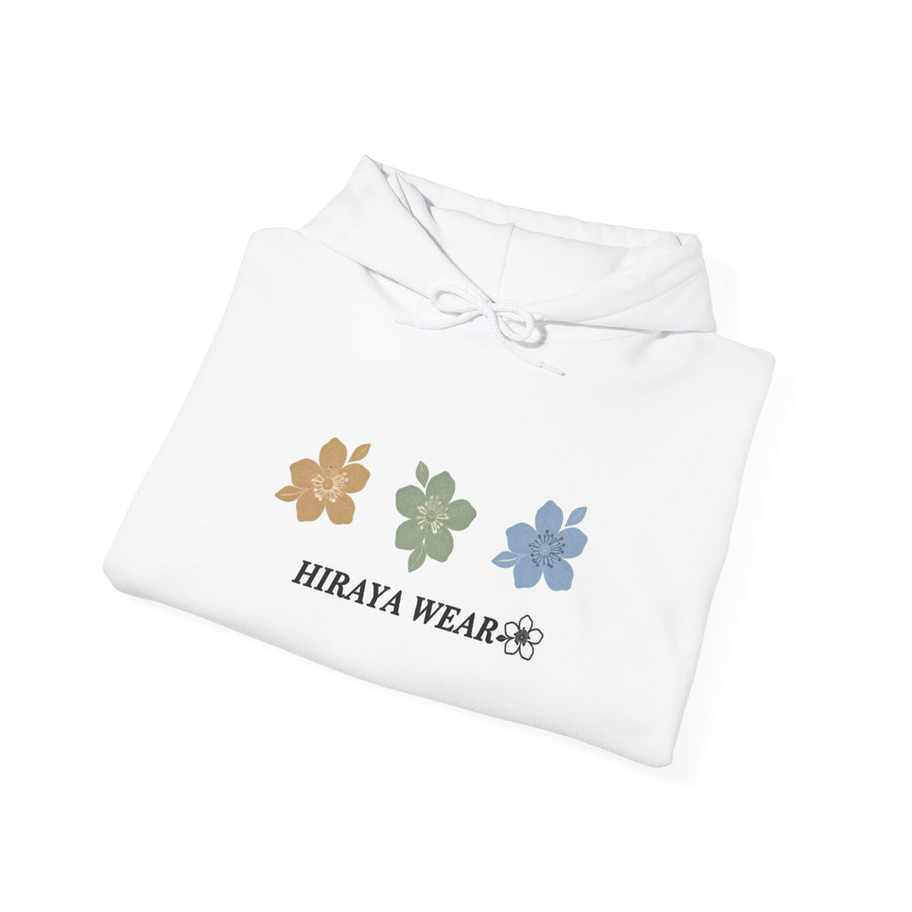 Minimal Floral Logo Hoodie — HIRAYA WEAR Cozy White Pullover