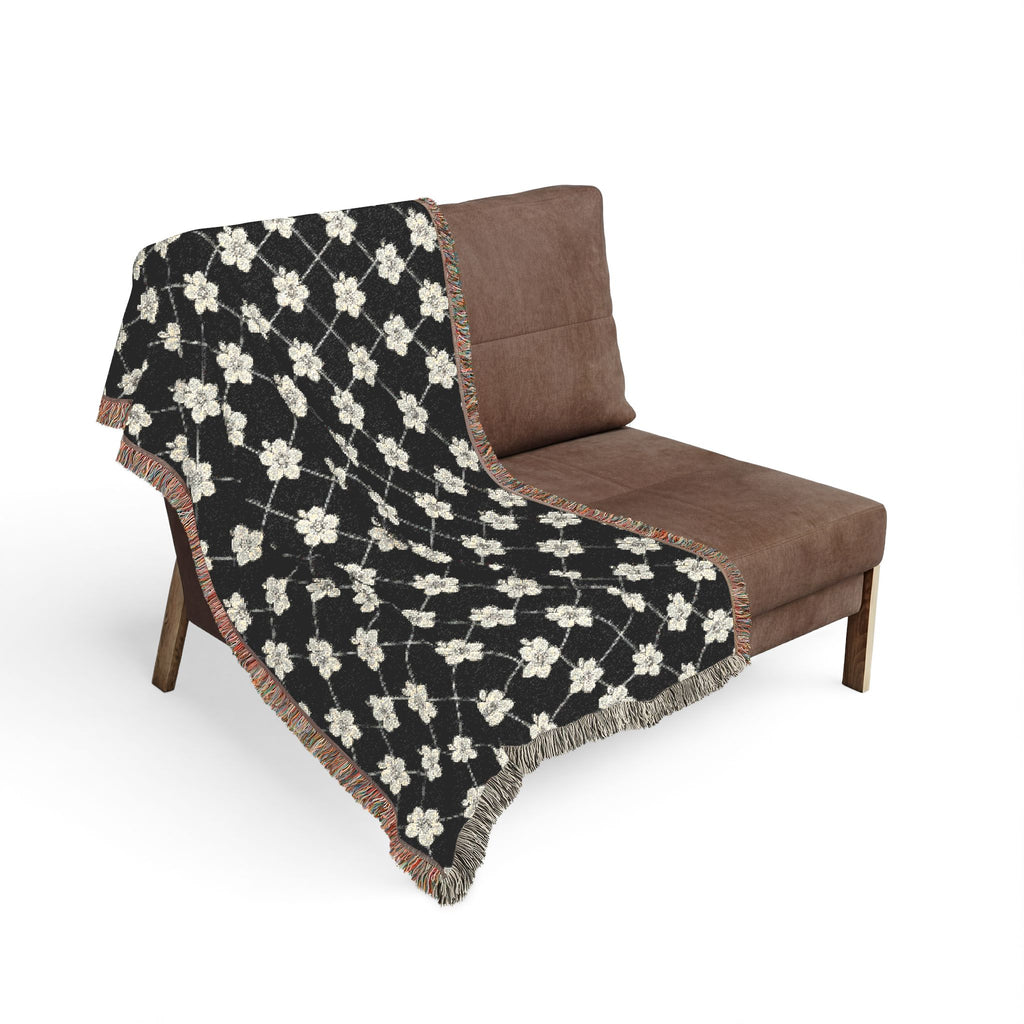 Floral Woven Blanket — Black & White (Dark) 🖤 Throw