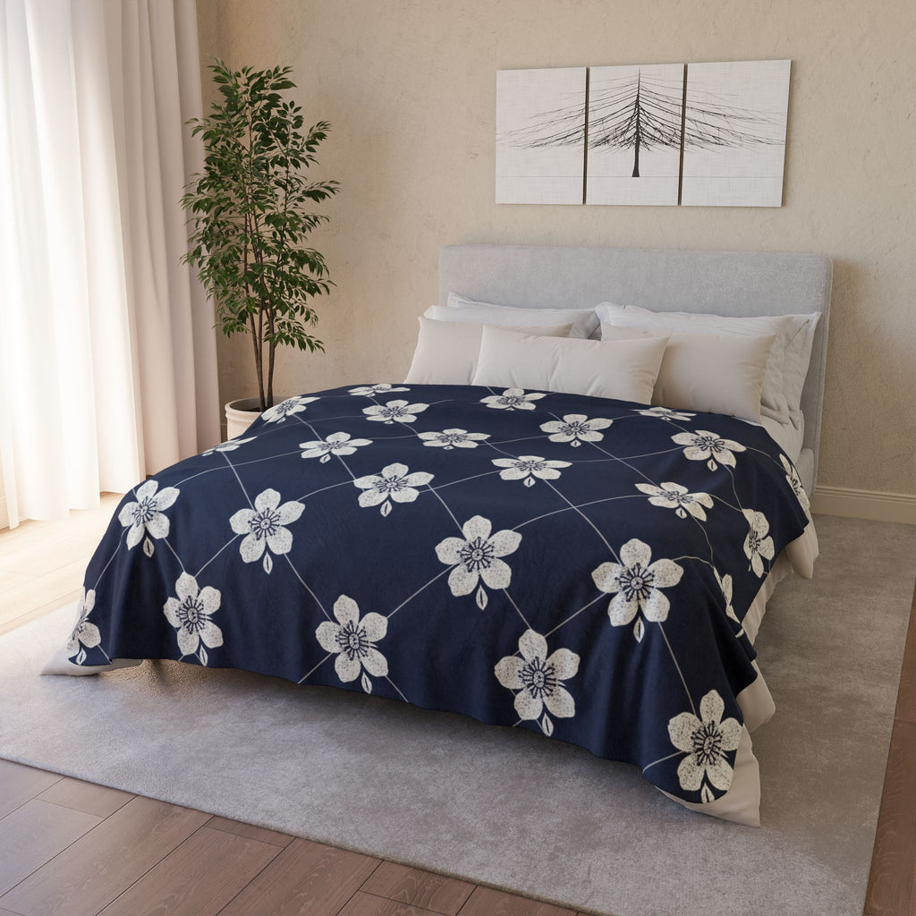 Navy Blue 🌊 Floral Fleece Sherpa Blanket Throw