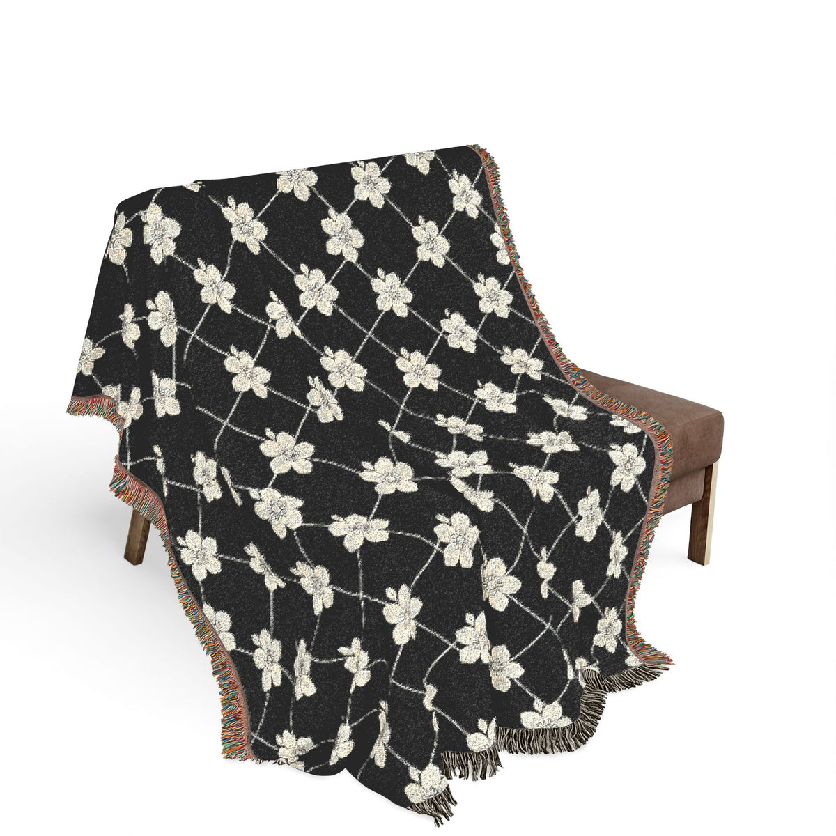 Floral Woven Blanket — Black & White (Dark) 🖤 Throw