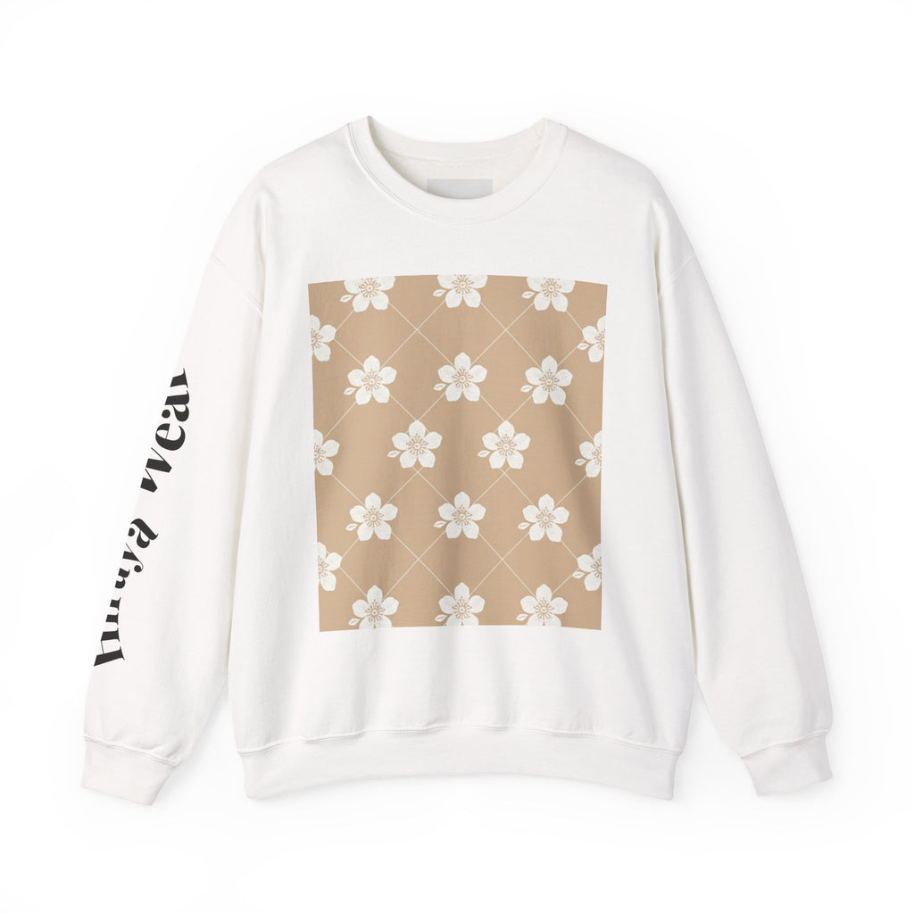 Floral Grid Crewneck Sweatshirt — Warm Beige Daisy Pattern