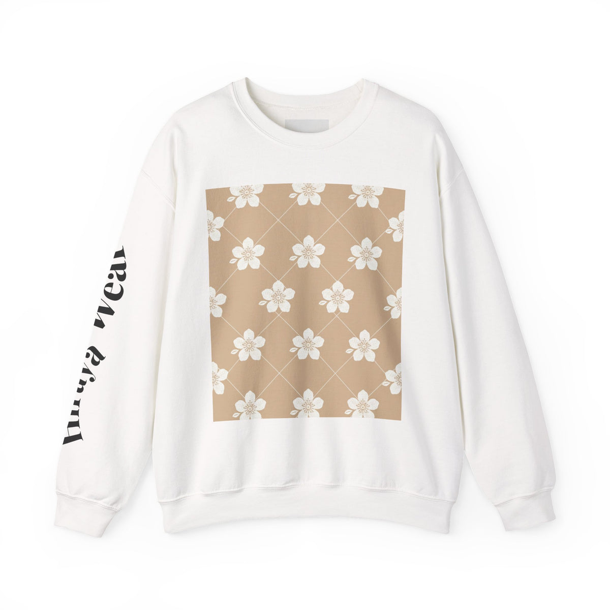 Floral Grid Crewneck Sweatshirt — Warm Beige Daisy Pattern
