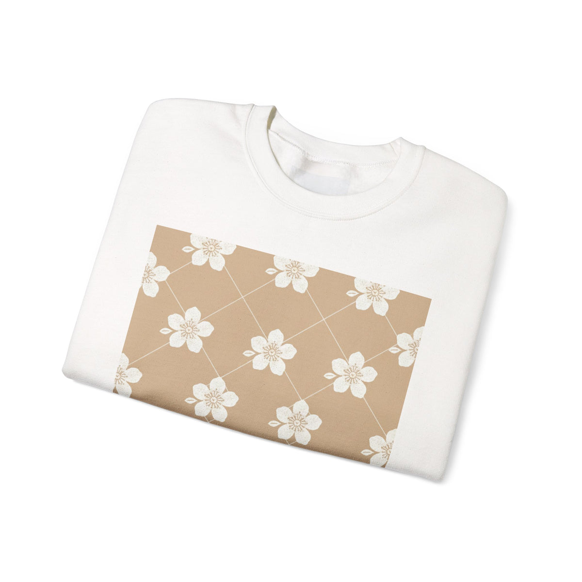 Floral Grid Crewneck Sweatshirt — Warm Beige Daisy Pattern