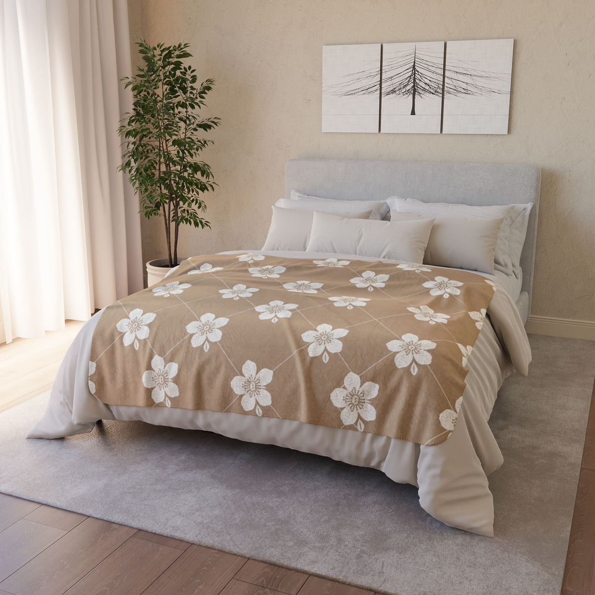 Warm Beige 🟤 Floral Fleece Sherpa Blanket Throw