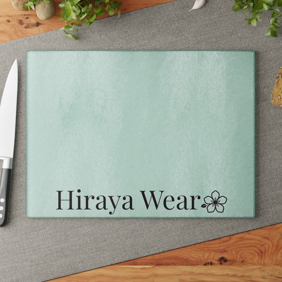 Mint Glass Cutting Board with Floral Logo – Hiraya Wear Decorative Kitchen Board