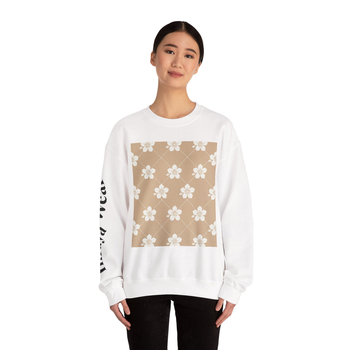 Floral Grid Crewneck Sweatshirt — Warm Beige Daisy Pattern