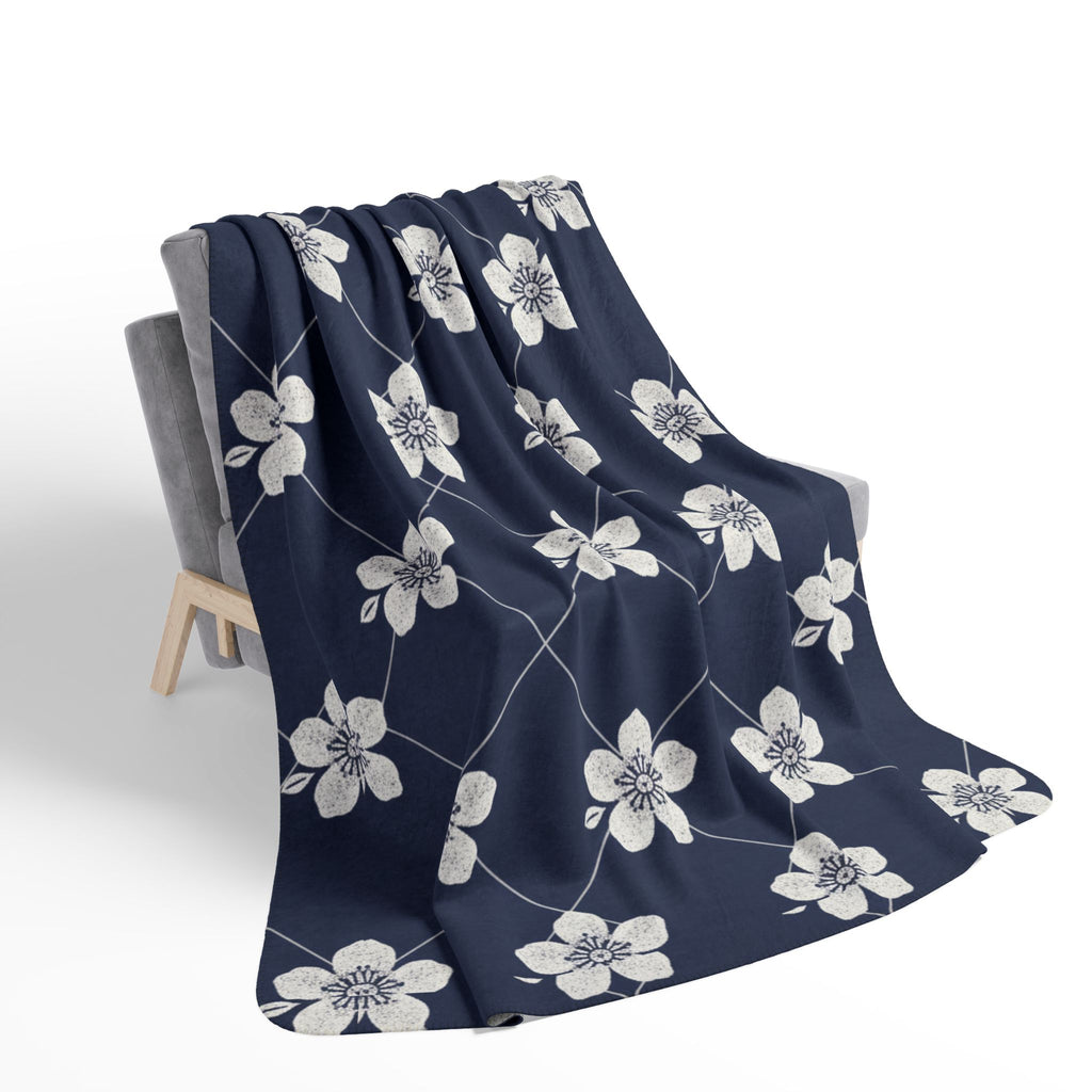 Navy Blue 🌊 Floral Fleece Sherpa Blanket Throw