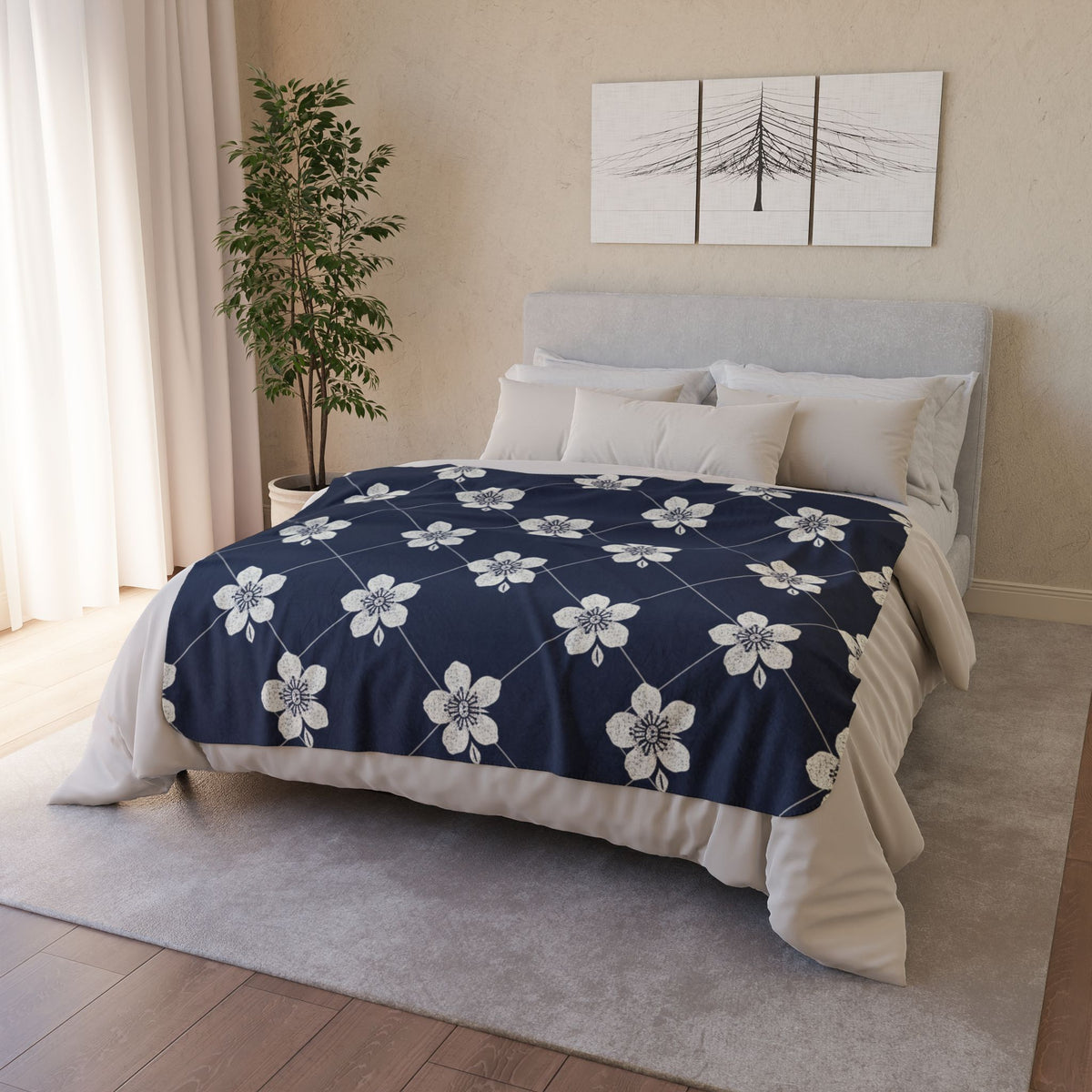 Navy Blue 🌊 Floral Fleece Sherpa Blanket Throw